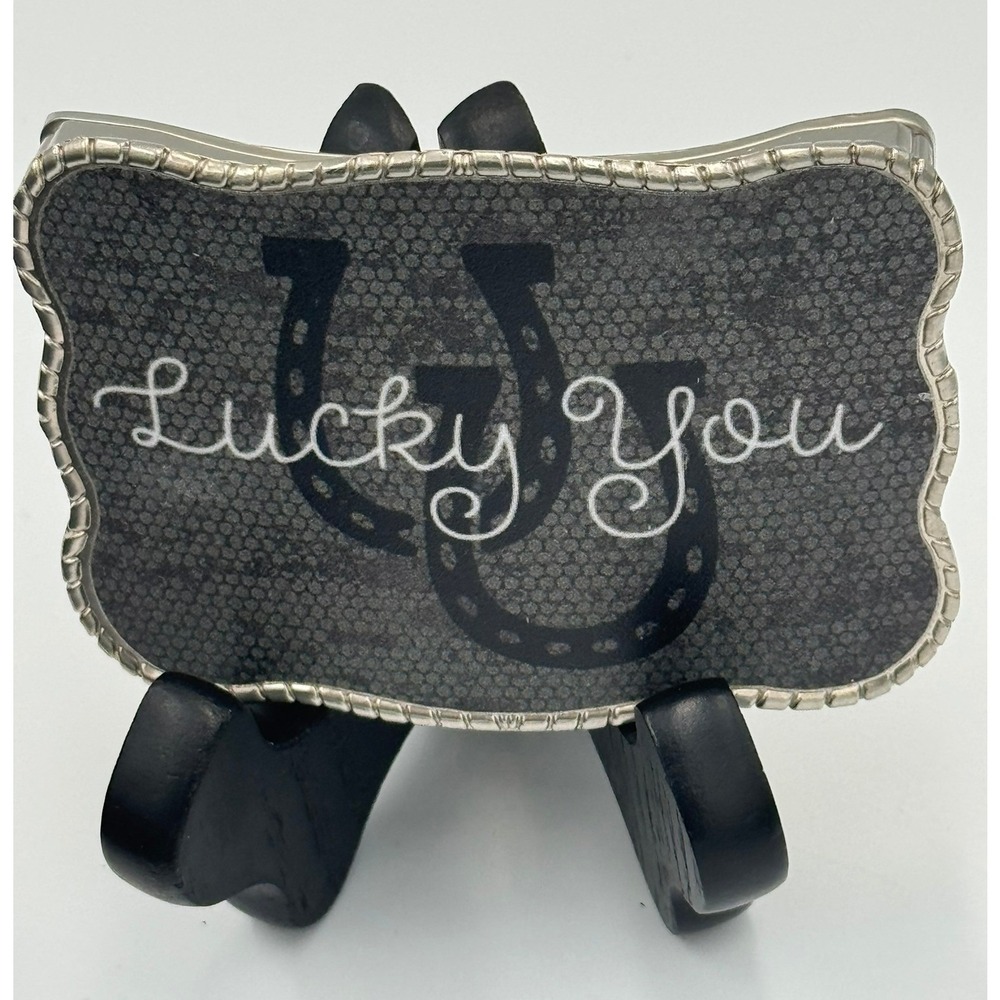 Wallet Buckle Lucky You Horseshoe Western Belt Buckle Silver Tone Grey Pattern